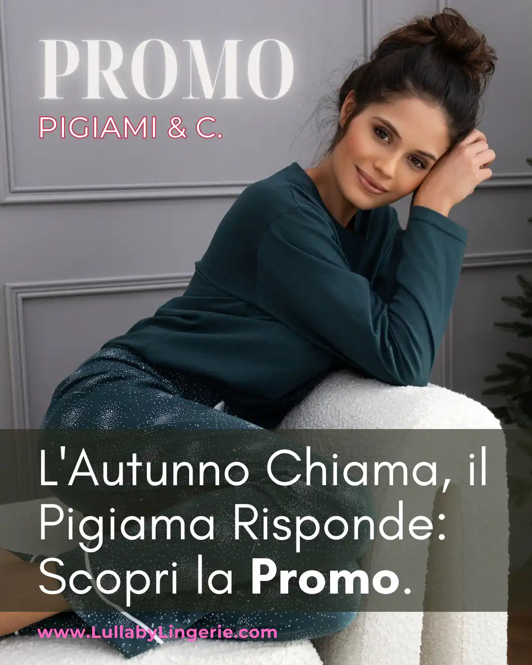 Donna con un pigiama verde scuro a maniche lunghe con pantaloni scintillanti.
