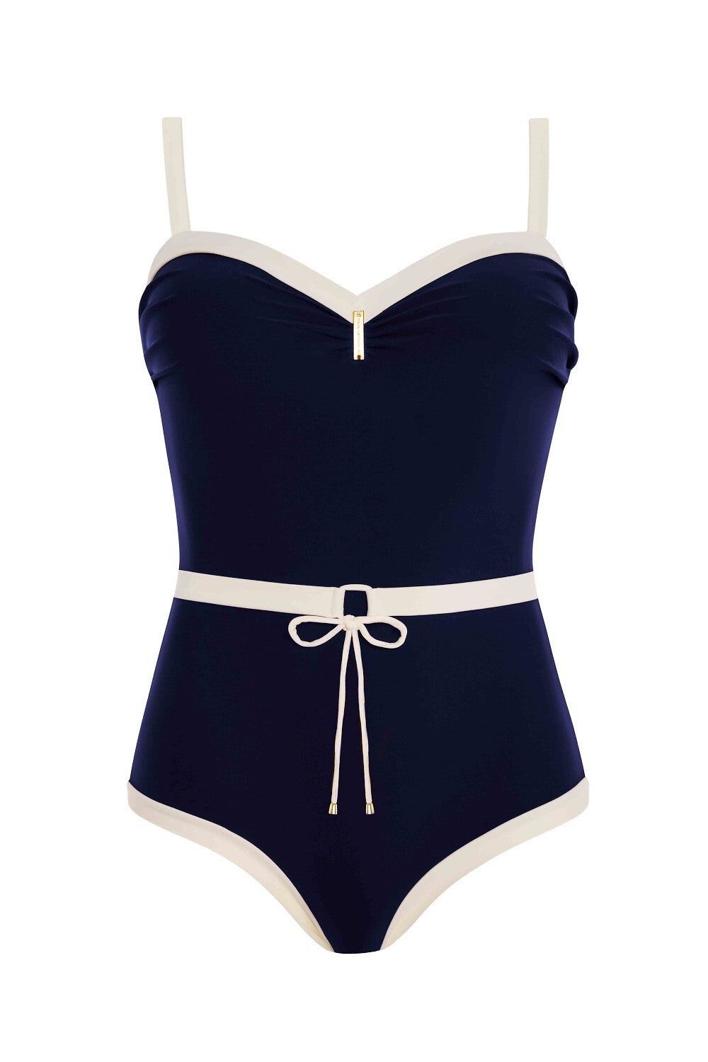 Traje de baño de una pieza tipo balconette con ribete y lazo en contraste (Espalda 1)