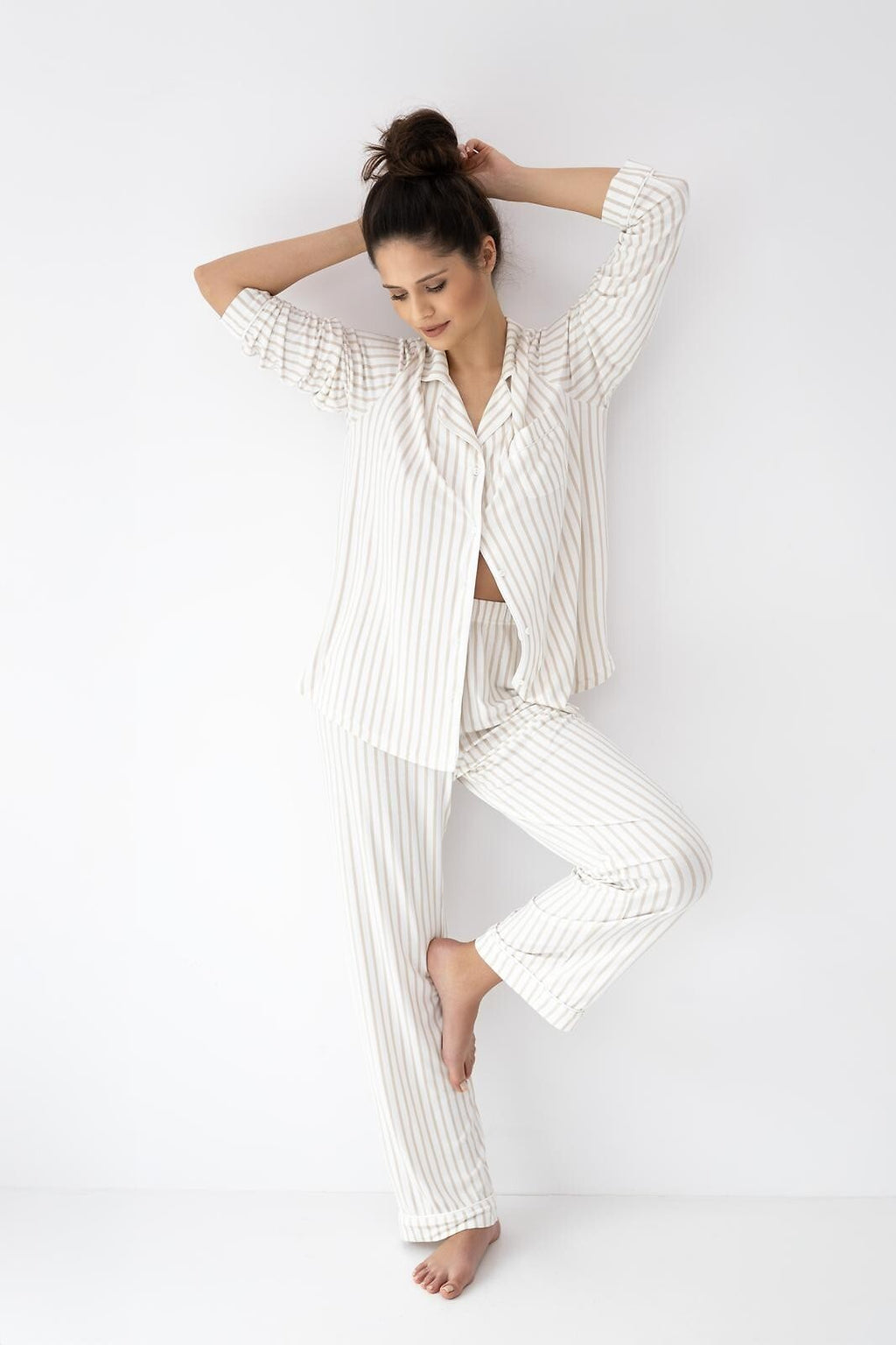 2-Piżama Sensis Amani dł/r XS-2XL rozpinana ecru-beżowy-2