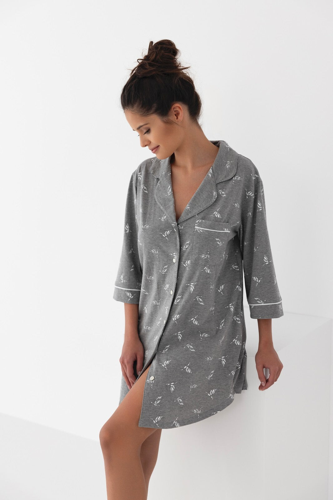 Camicia da notte da donna aperta con bottoni - GREY - Lullaby Lingerie