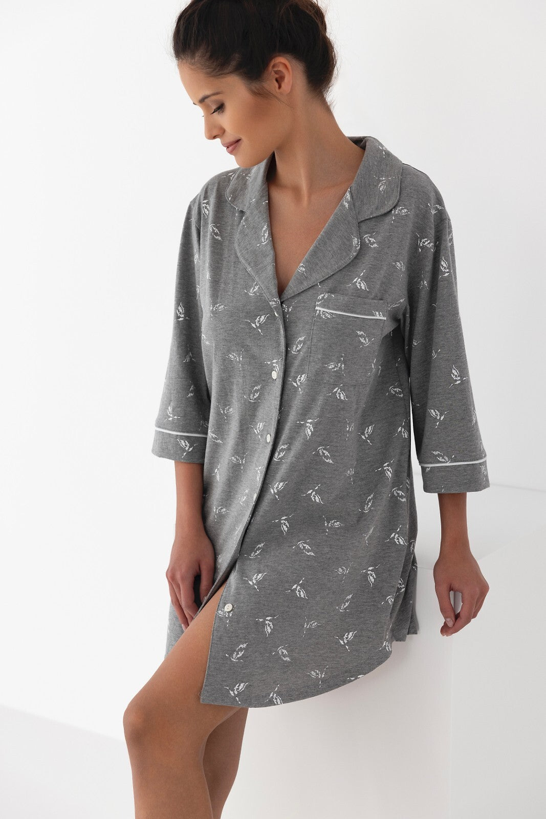 Camicia da notte da donna aperta con bottoni - GREY - Lullaby Lingerie