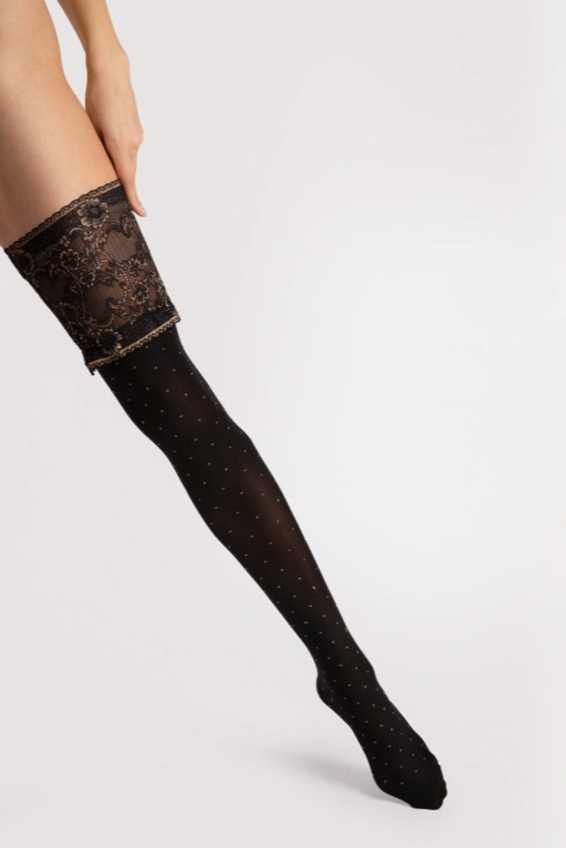 Autoreggenti a pois in microfibra con balza bicolore - 40