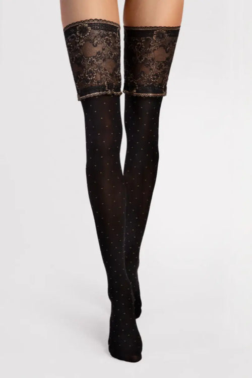 Autoreggenti a pois in microfibra con balza bicolore - 40