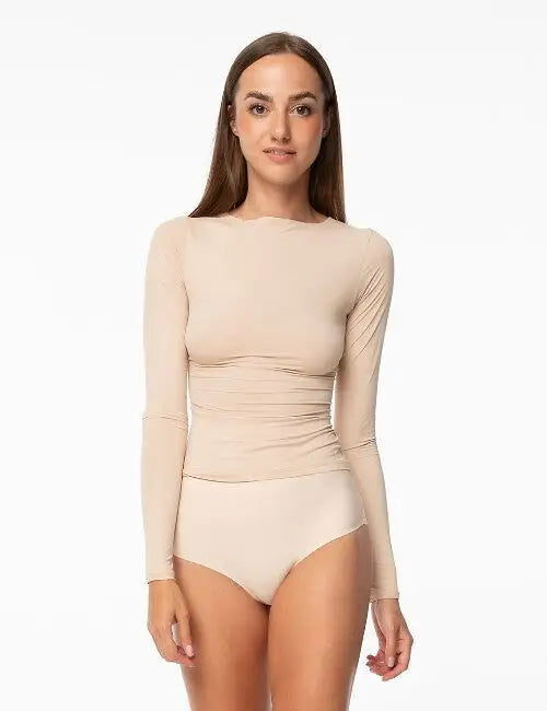 Blusa da donna liscia ed elastica con maniche lunghe