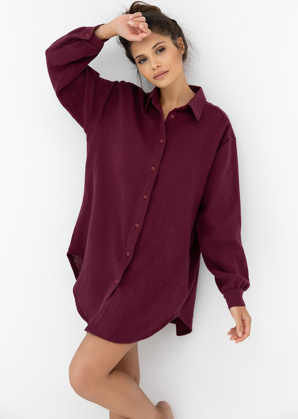 Burgundy | camicia lunga da donna in mussola di cotone