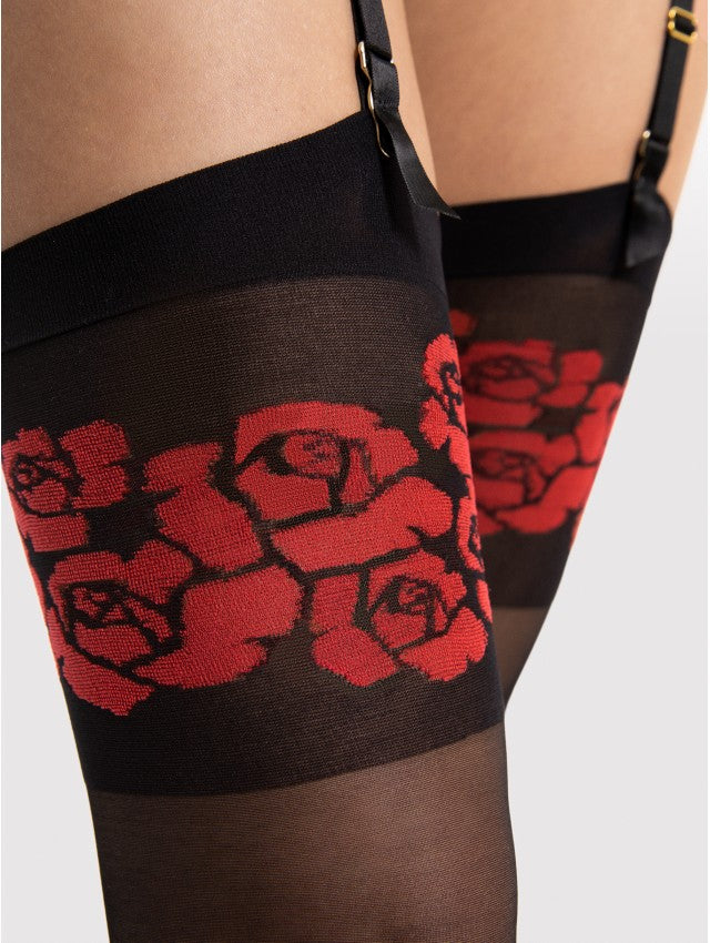 Calze 20 denari per reggicalze con fantasia floreale rossa