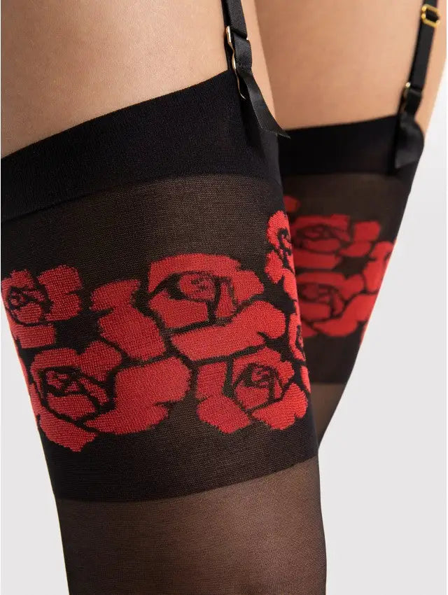 Calze 20 denari per reggicalze con fantasia floreale rossa