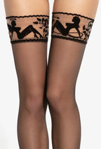 Calze autoreggenti con bordo decorativo in pizzo flockato