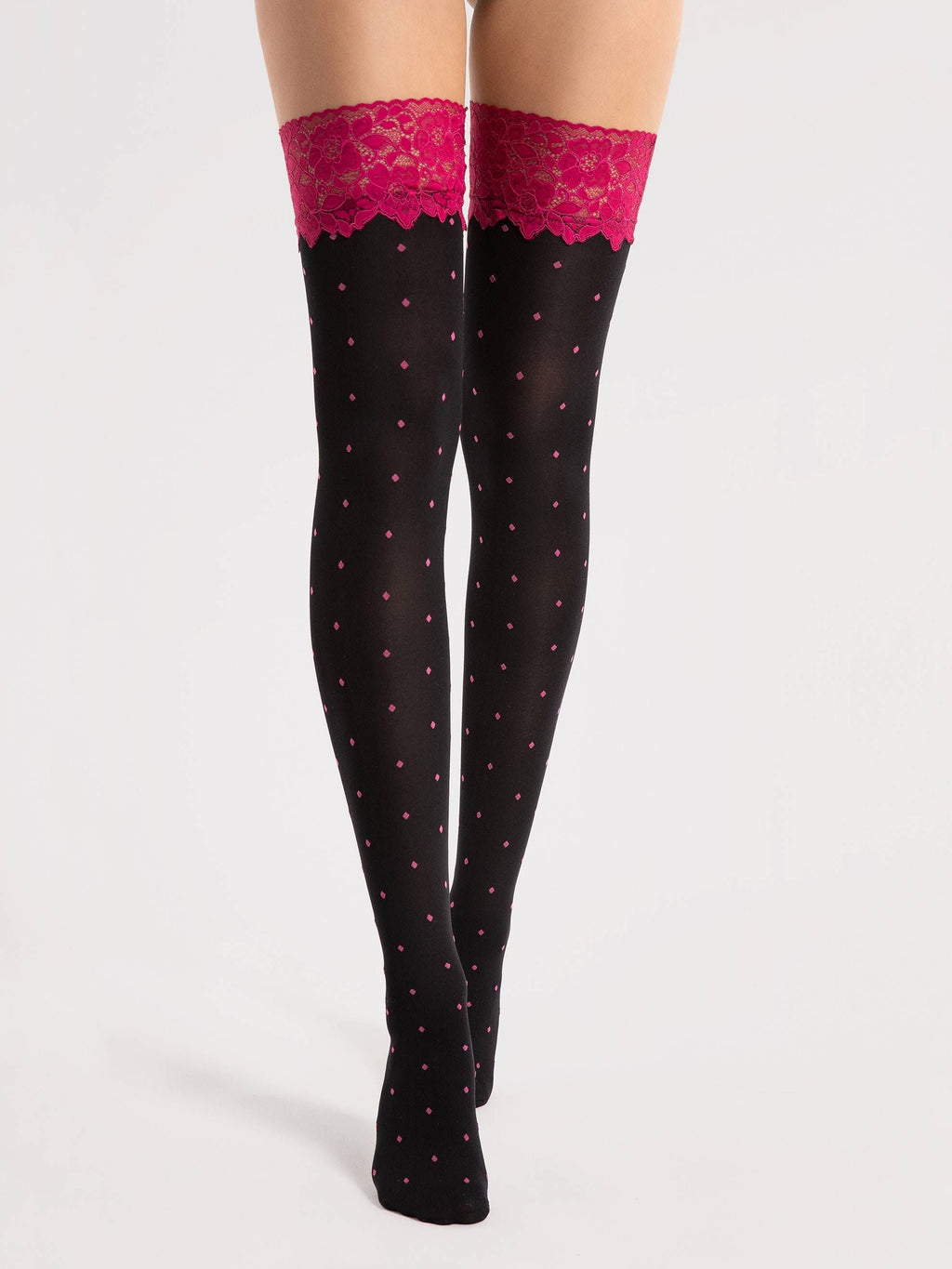 Calze autoreggenti con pizzo magenta e piccoli decori