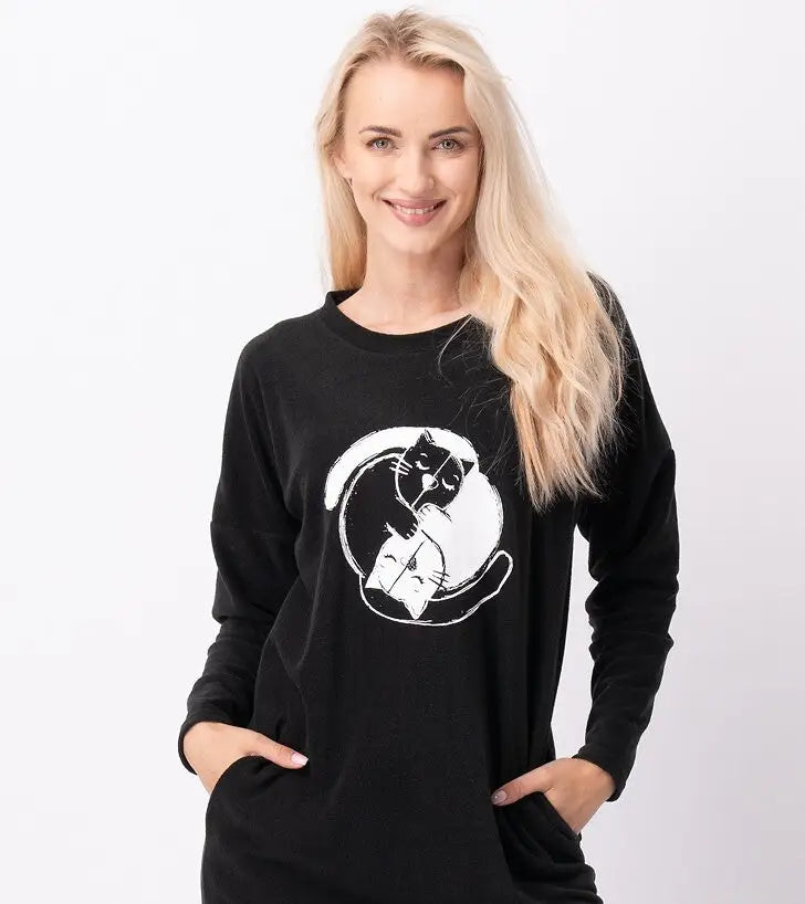 Camicia calda da donna in micropile con stampa di gatti