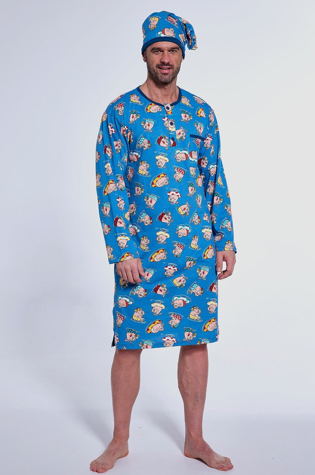 Camicia da notte da uomo in puro cotone - maialini al mare