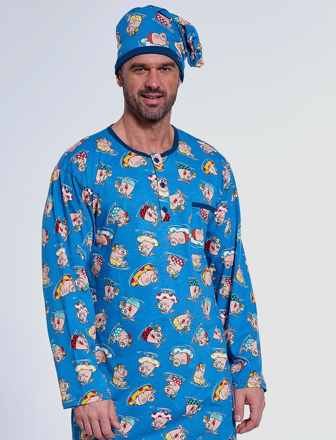 Camicia da notte da uomo in puro cotone - maialini al mare