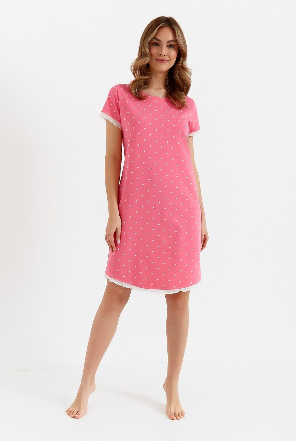 Camicia da notte donna a pois in cotone - corallo -446