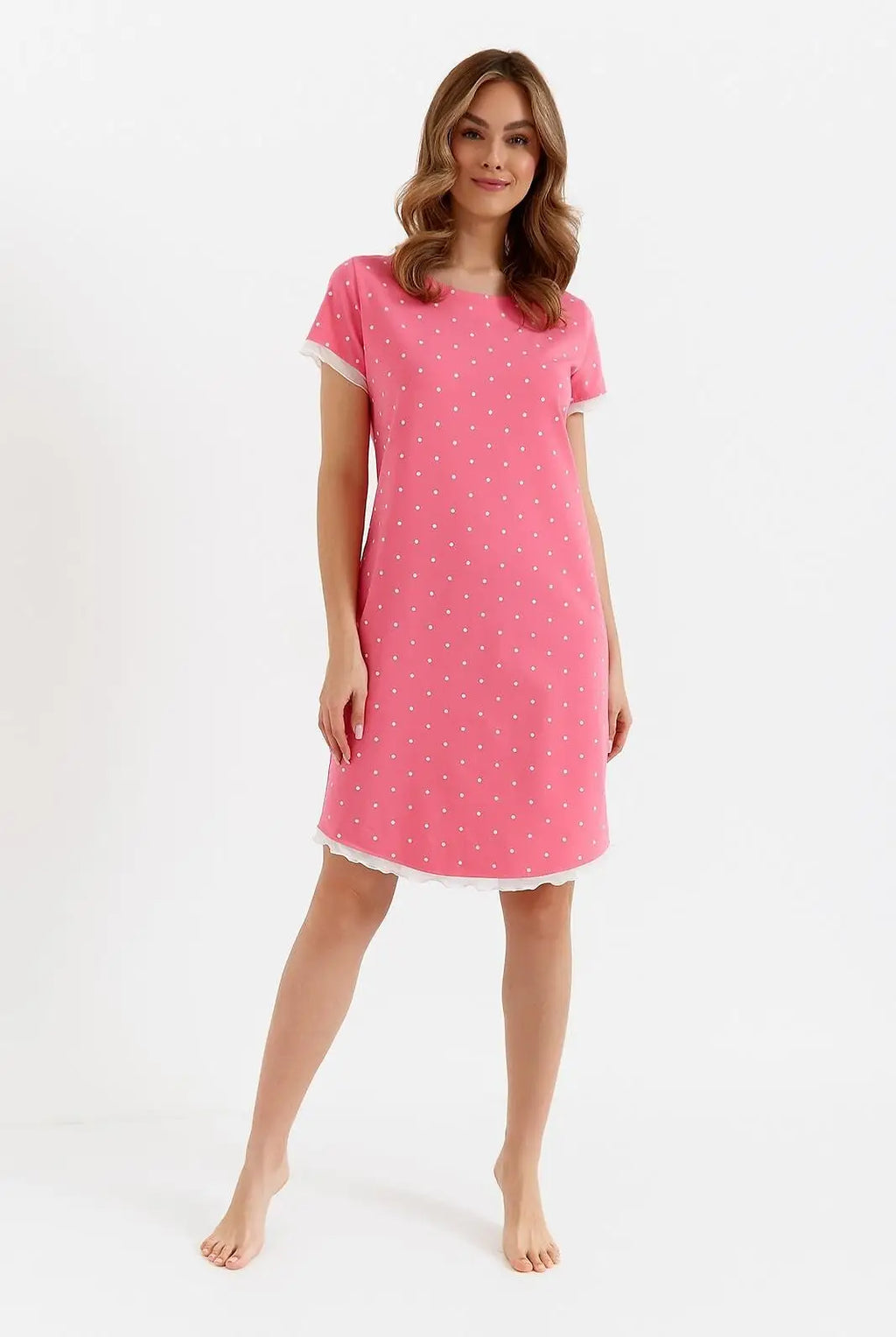 Camicia da notte donna a pois in cotone - corallo -446