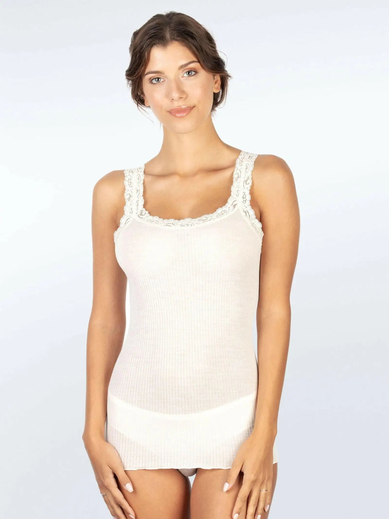 Canotta donna plissé con pizzo in lana e seta - made italy