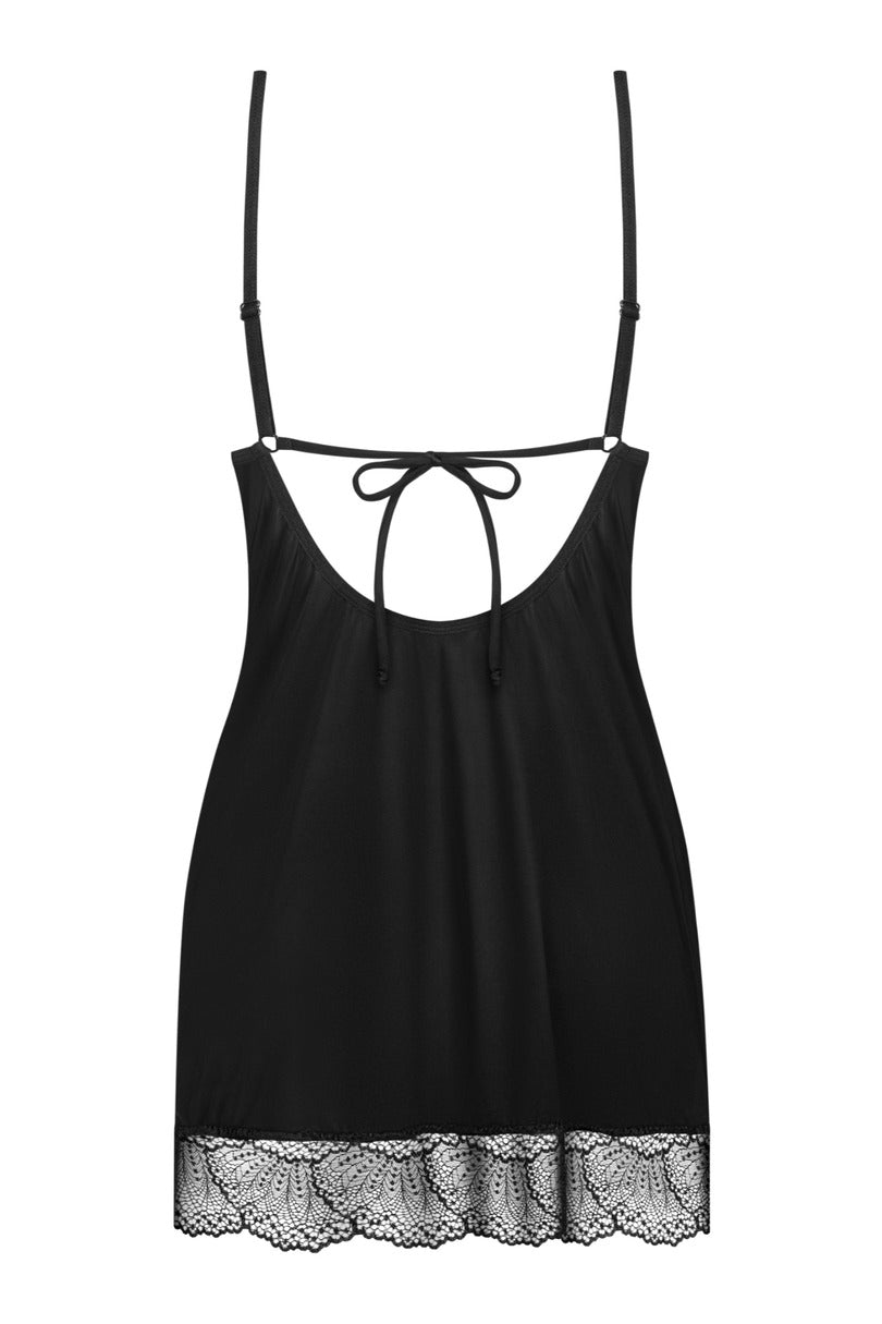 Completo lingerie nero con camicia da notte e string