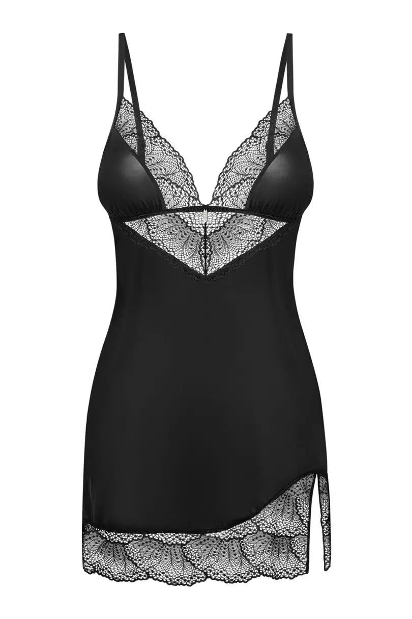 Completo lingerie nero con camicia da notte e string