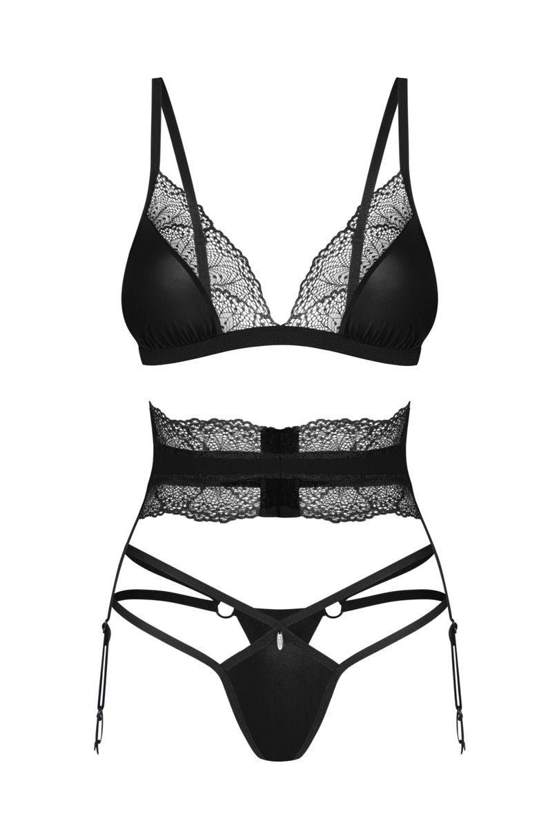 Completo lingerie nero con reggiseno reggicalze e perizoma