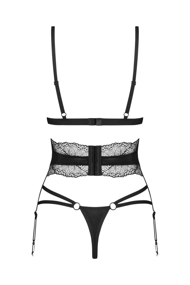 Completo lingerie nero con reggiseno reggicalze e perizoma