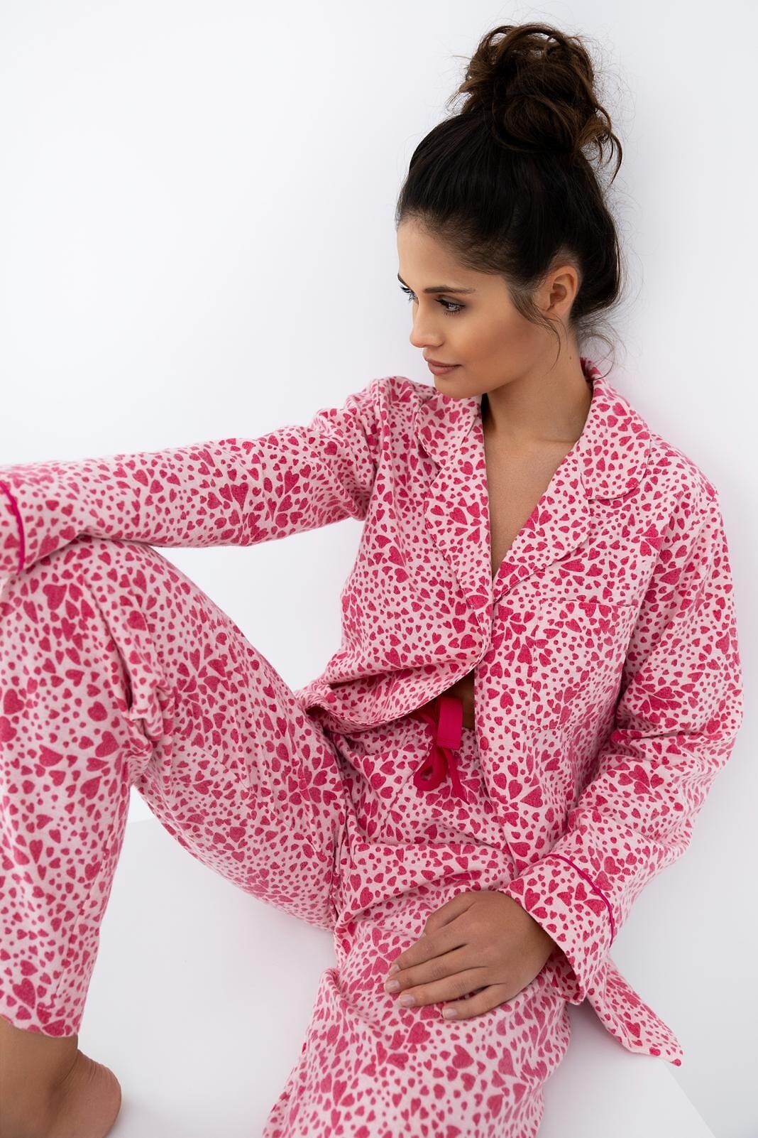 Cuoricini | pigiama lungo da donna in flanella di cotone