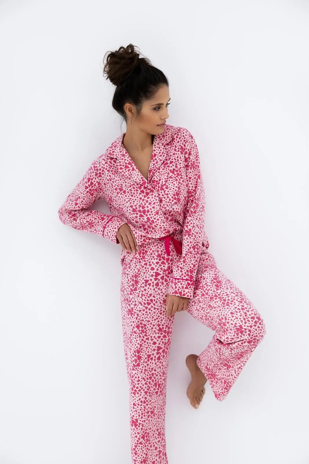 Cuoricini | pigiama lungo da donna in flanella di cotone