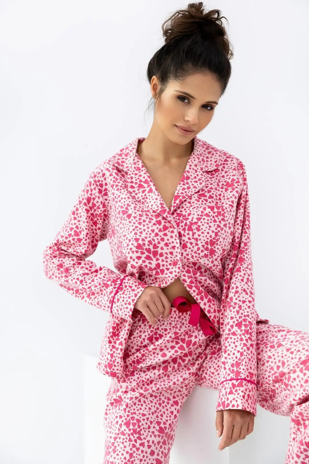 Cuoricini | pigiama lungo da donna in flanella di cotone