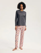 Ginni - pigiama lungo da donna in cotone con stampa gatti