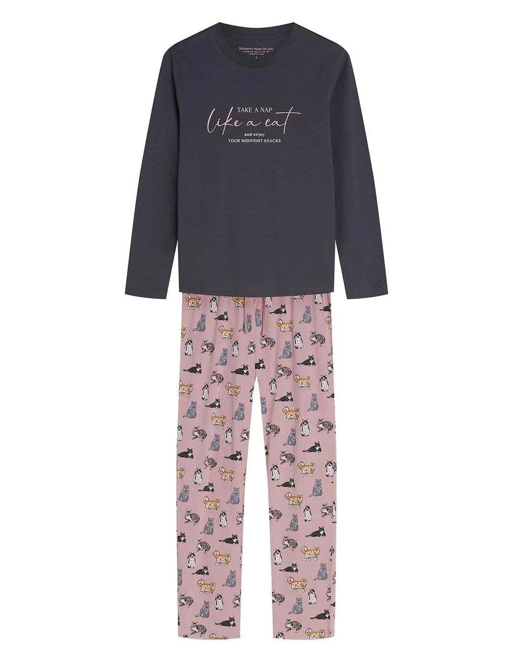 Ginni - pigiama lungo da donna in cotone con stampa gatti