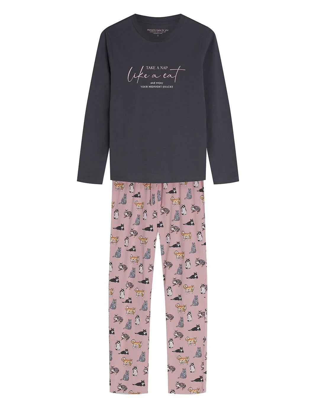 Ginni - pigiama lungo da donna in cotone con stampa gatti