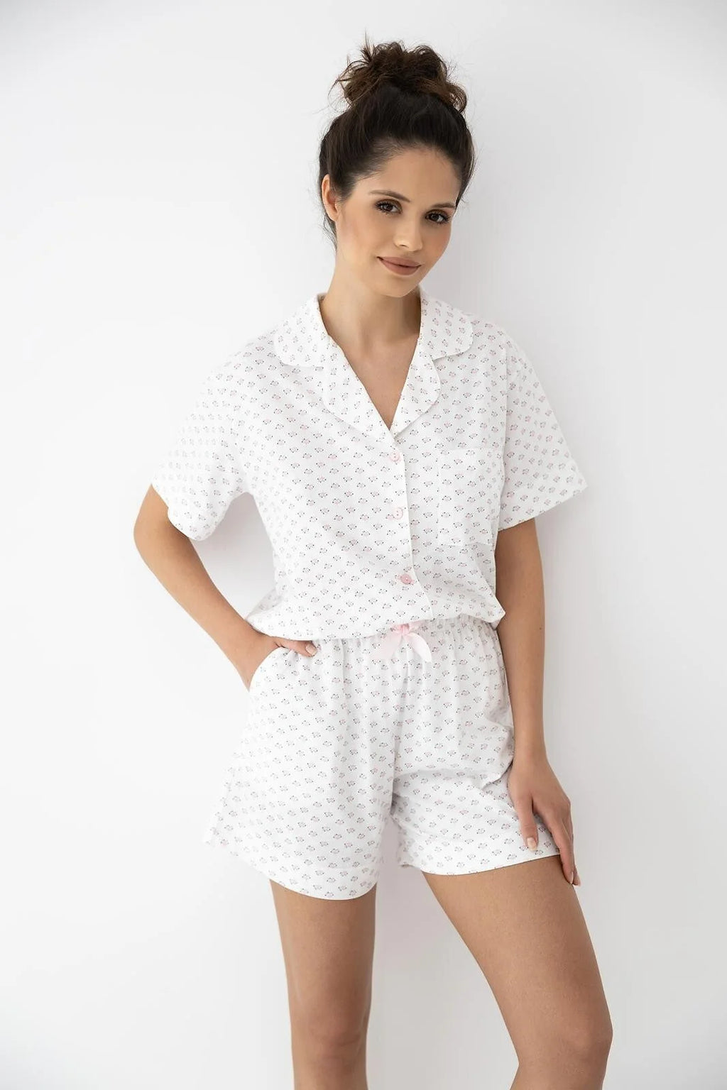 Leslie - pigiama corto da donna in cotone con stampa rosa