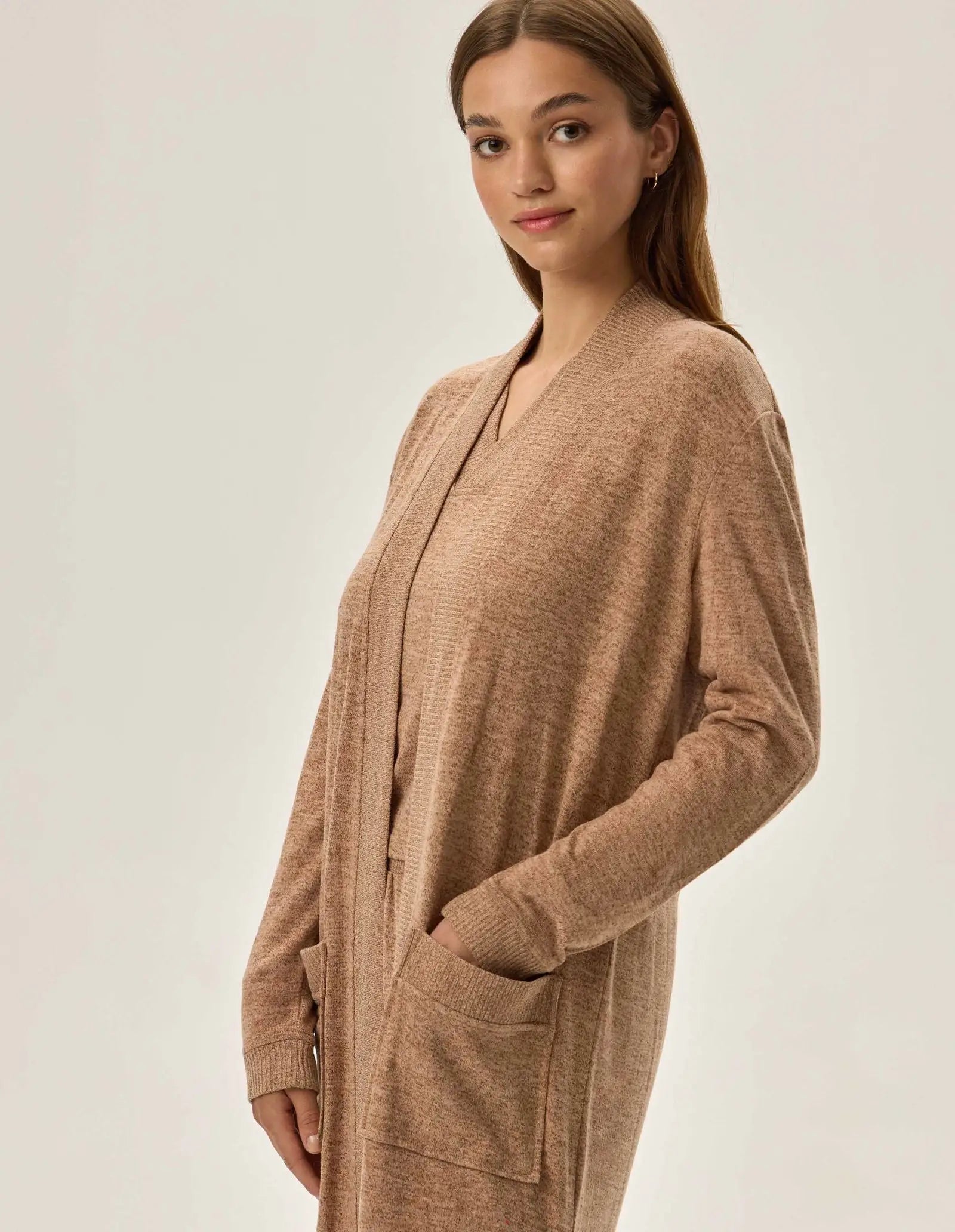 Lunga vestaglia da camera donna in tessuto mélange - fudge