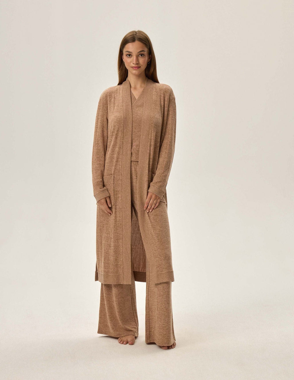 Lunga vestaglia da camera donna in tessuto mélange - fudge