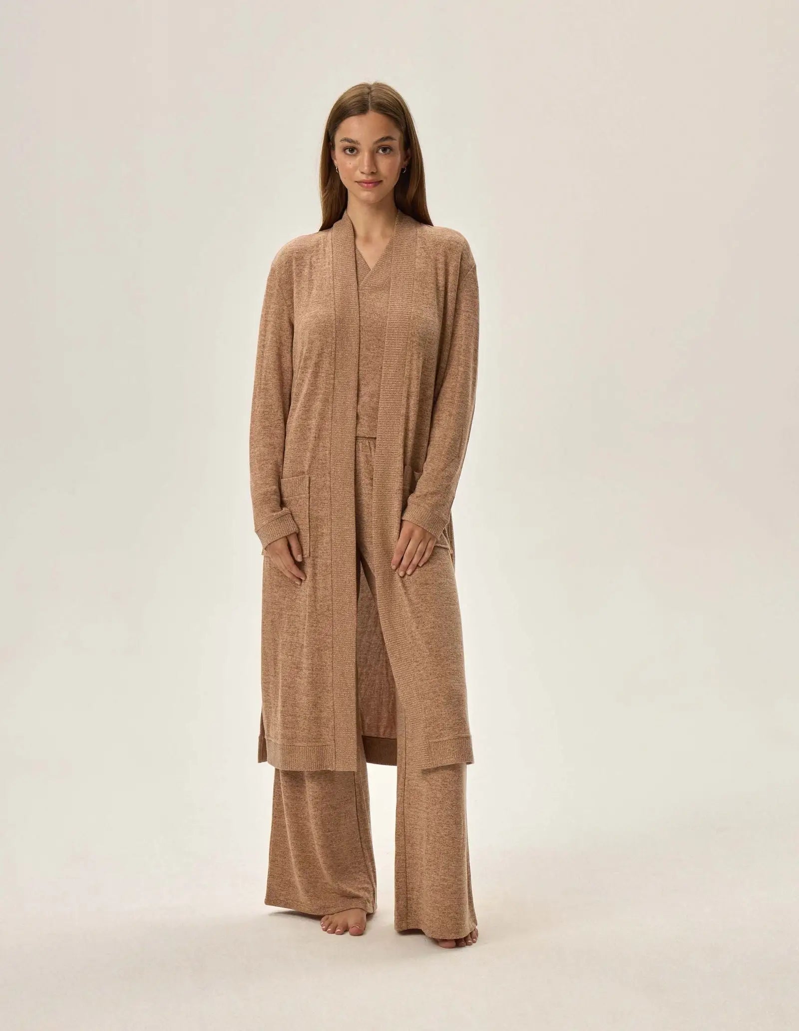 Lunga vestaglia da camera donna in tessuto mélange - fudge