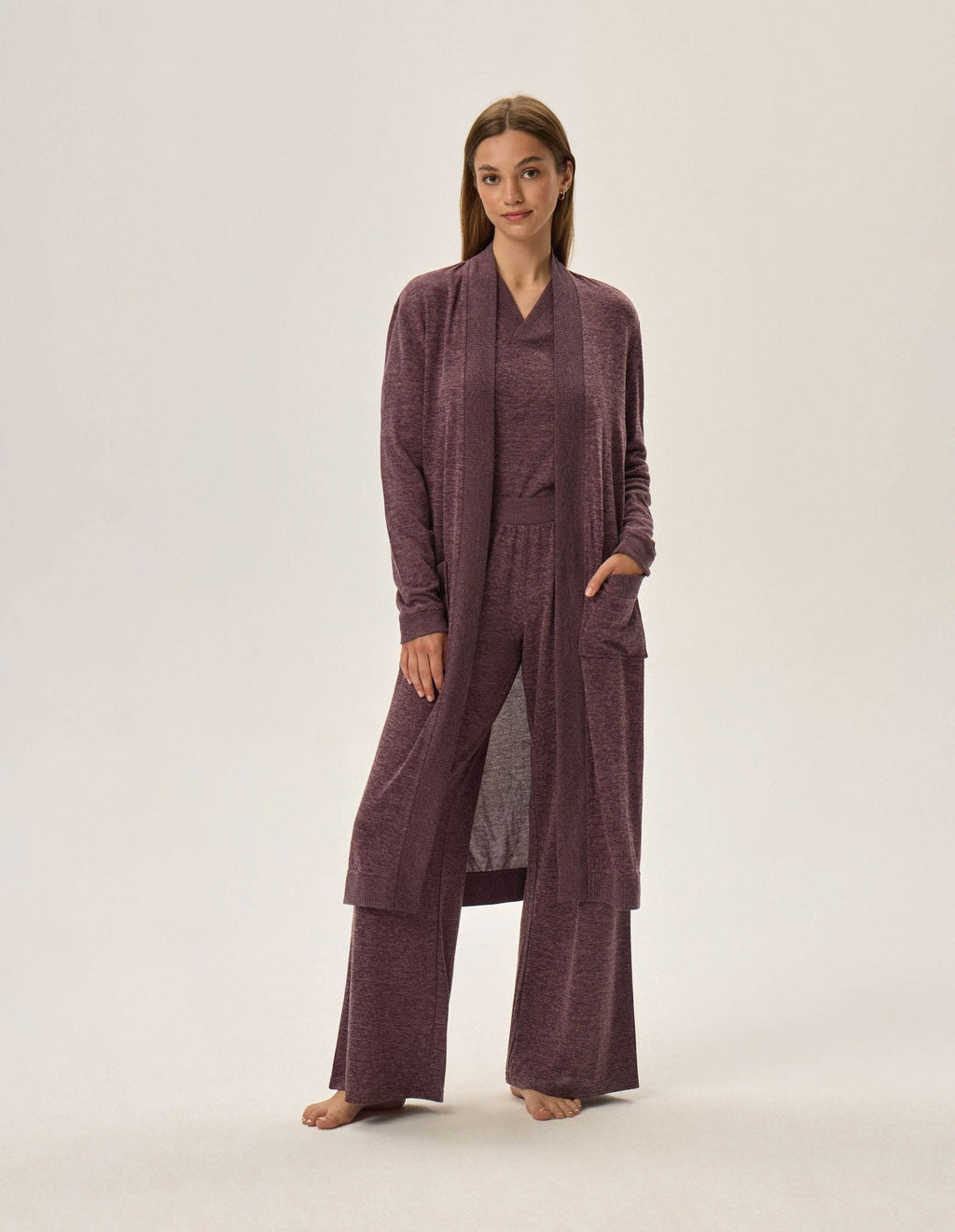 Lunga vestaglia da camera donna in tessuto mélange - fudge