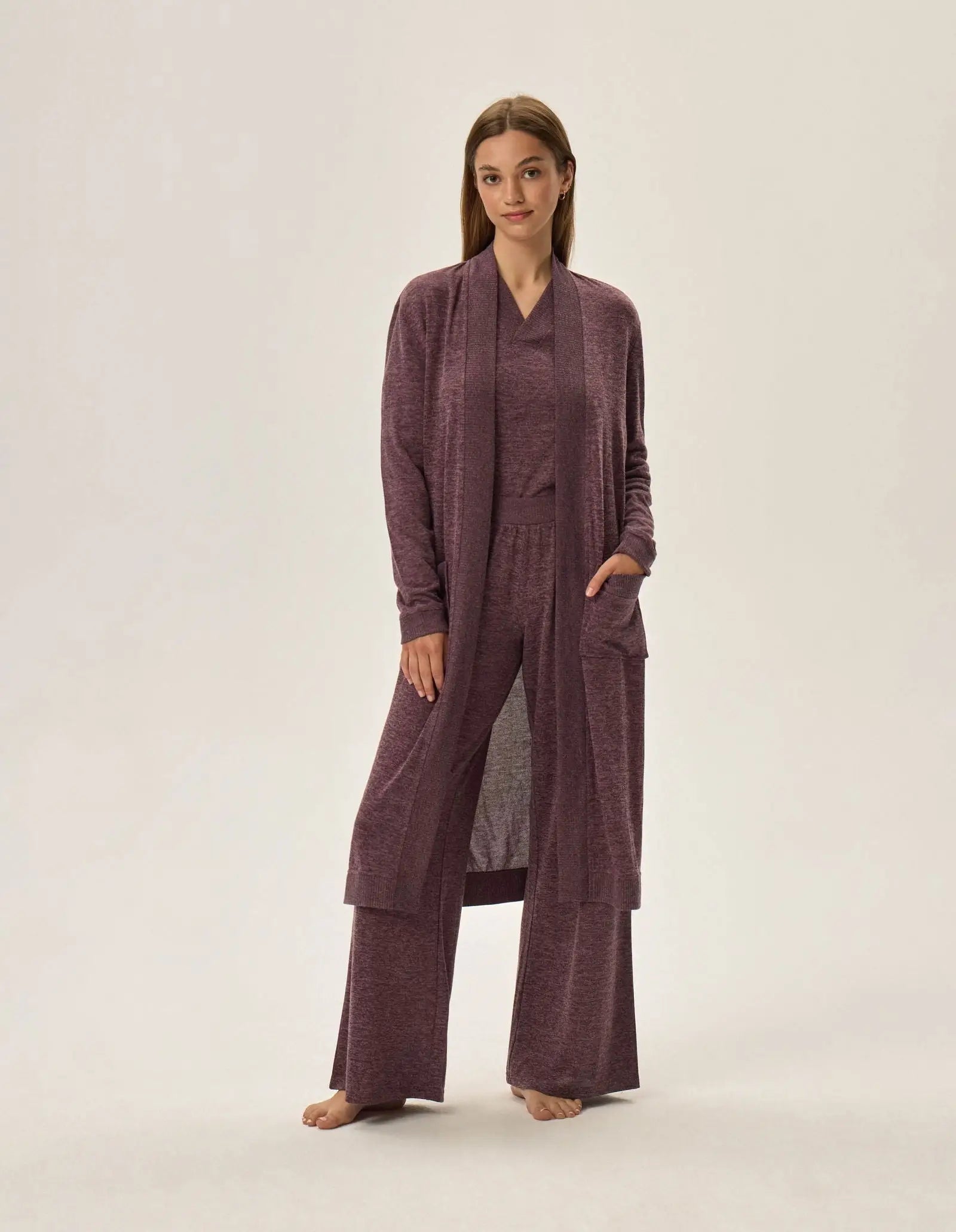 Lunga vestaglia da camera donna in tessuto mélange - fudge