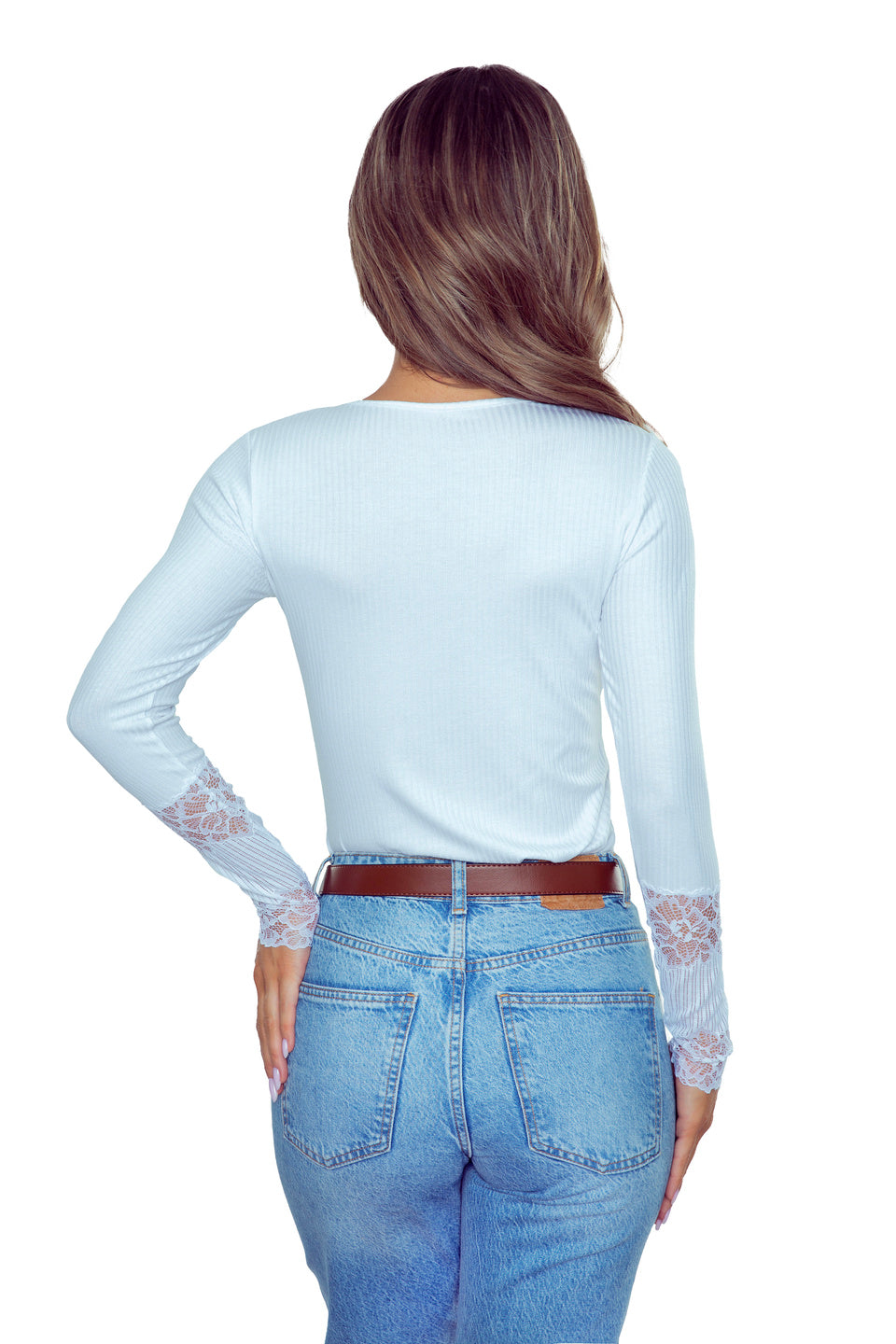 Maglia in viscosa con scollo a serafino e polsini pizzo