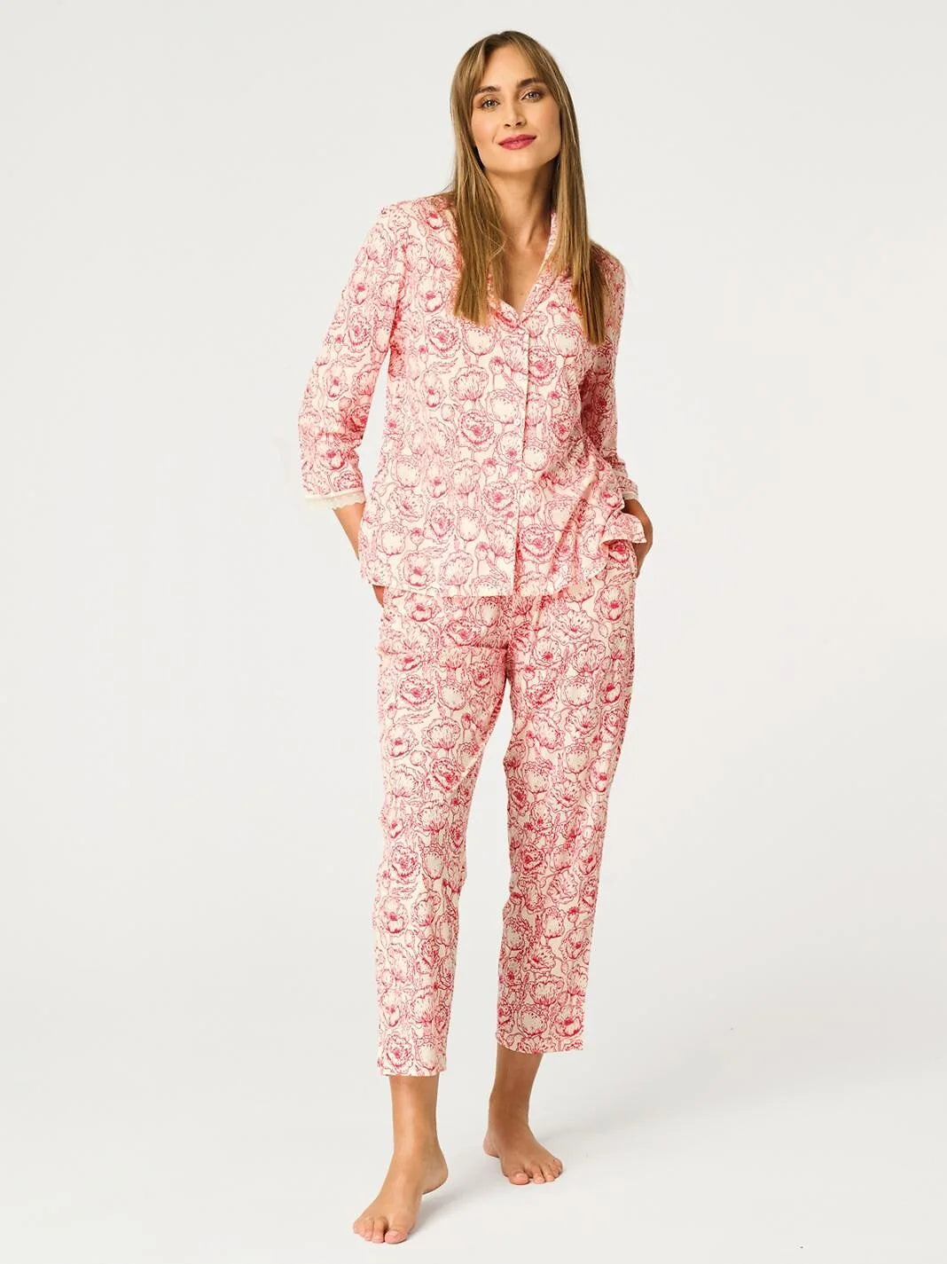 Pigiama donna in cotone con pantaloni 7/8 e stampa papaveri