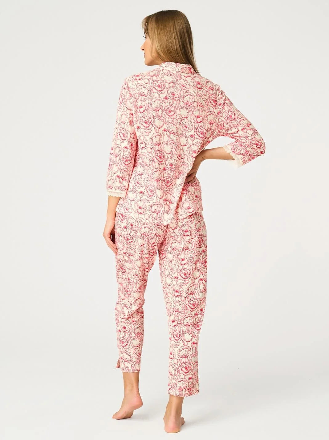Pigiama donna in cotone con pantaloni 7/8 e stampa papaveri