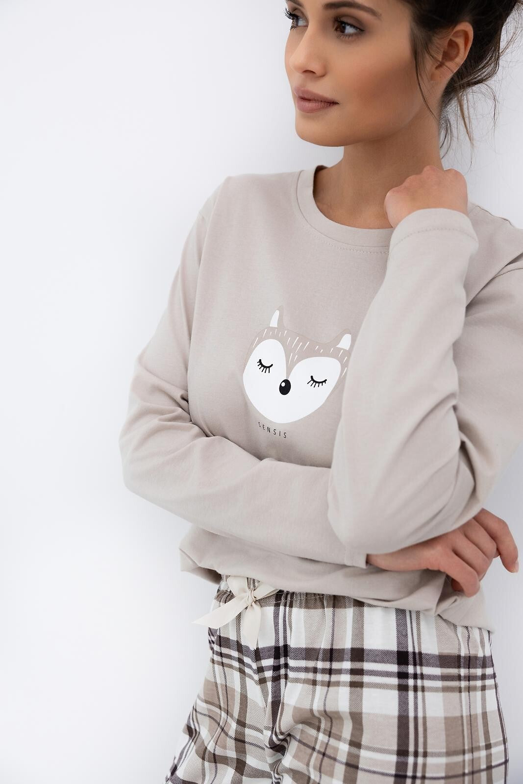 Pigiama donna in cotone con pantaloni a quadri e stampa