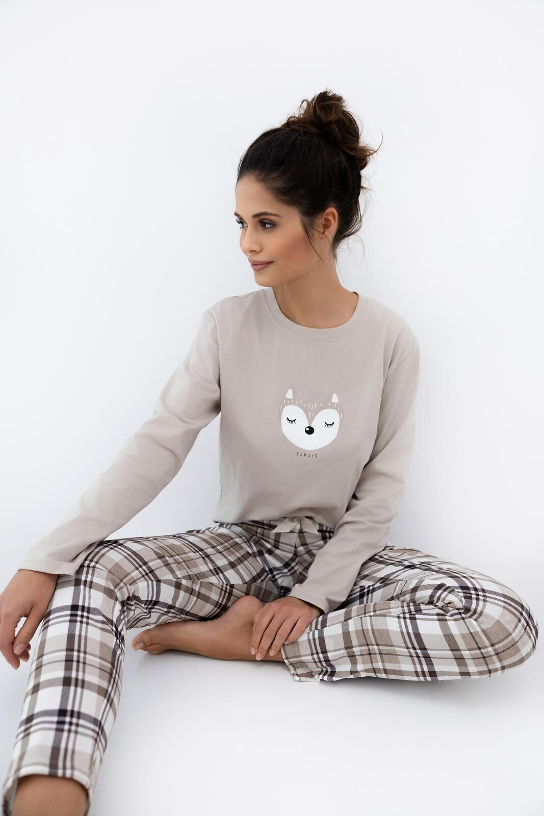 Pigiama donna in cotone con pantaloni a quadri e stampa