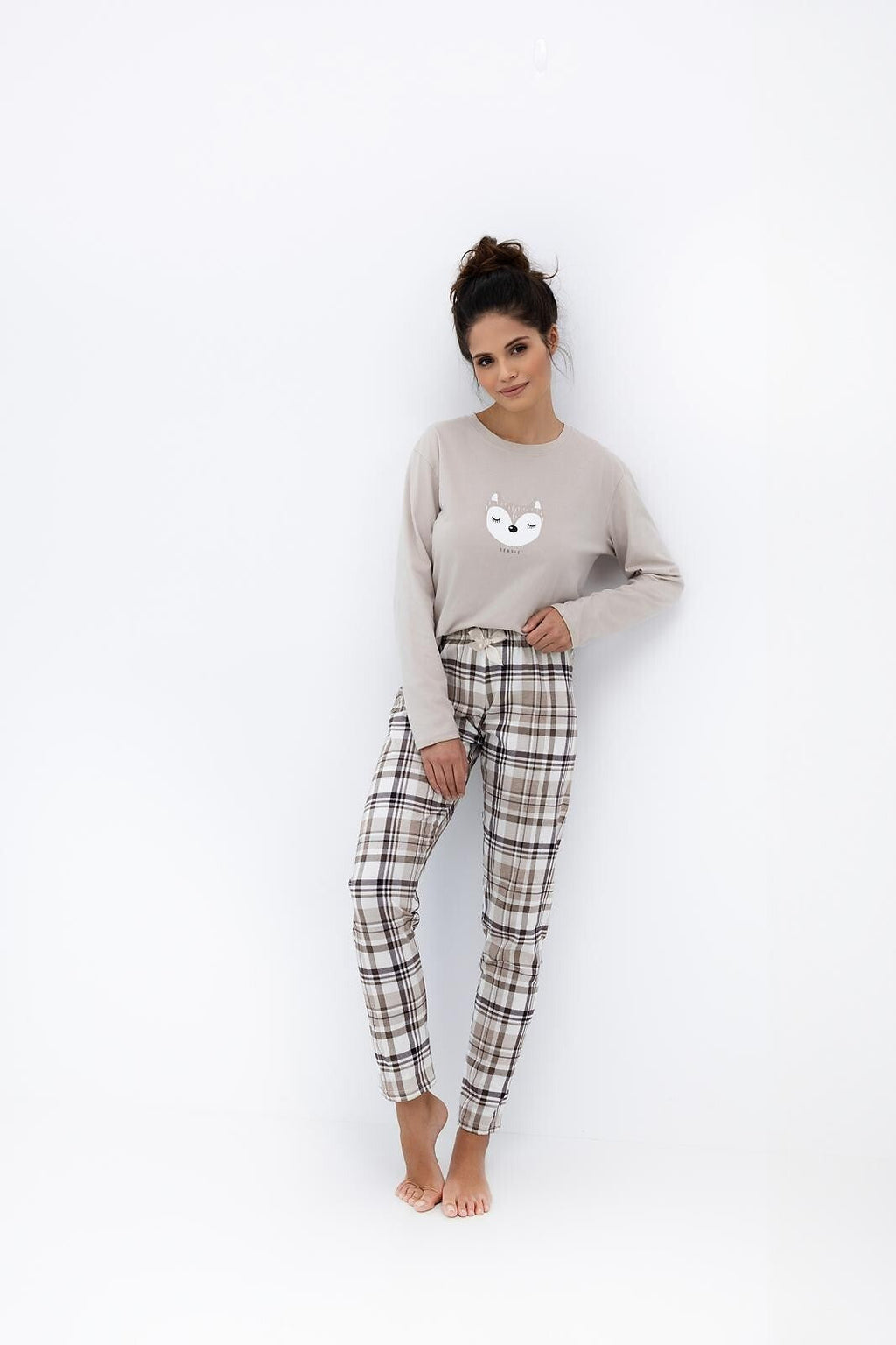 Pigiama donna in cotone con pantaloni a quadri e stampa