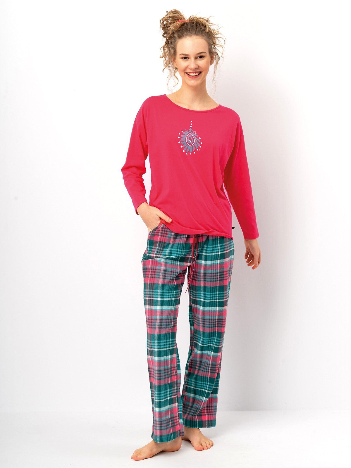 Pigiama donna in cotone con pantaloni in flanella a quadri