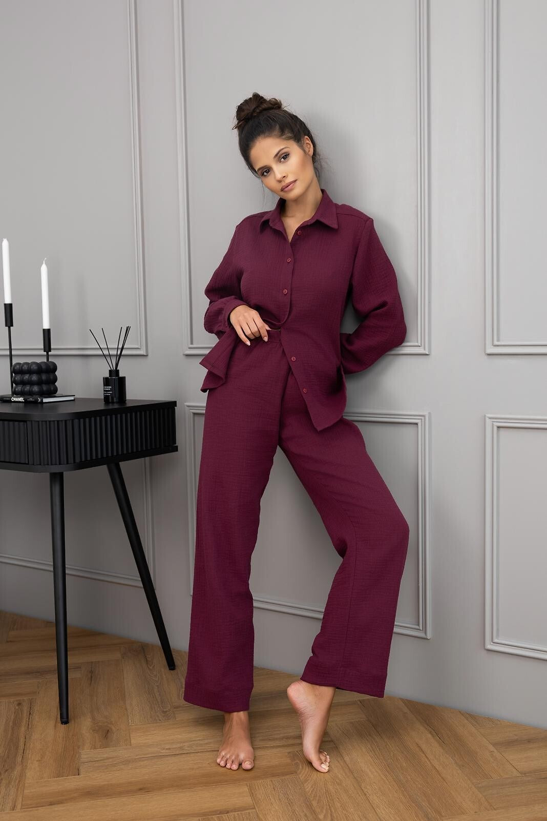 Pigiama lungo da donna in mussola di cotone - colette