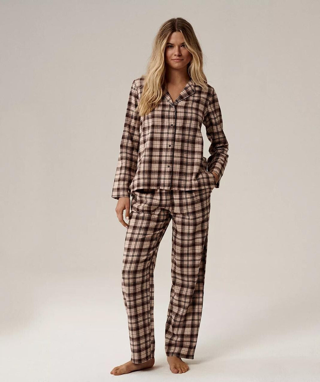 Pigiama lungo da donna in flanella di cotone a quadri