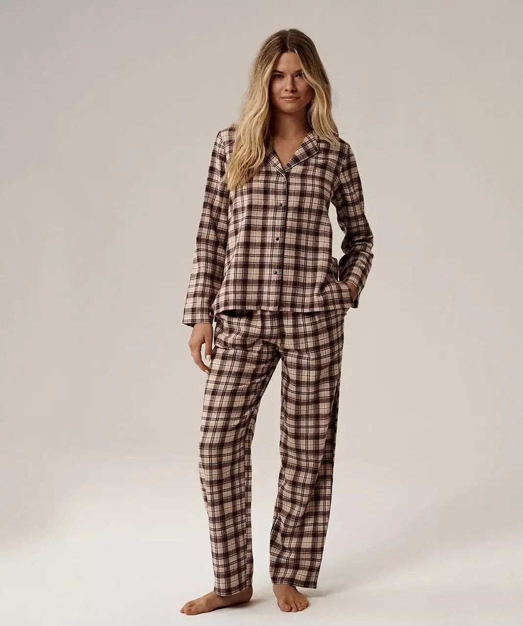 Pigiama lungo da donna in flanella di cotone a quadri