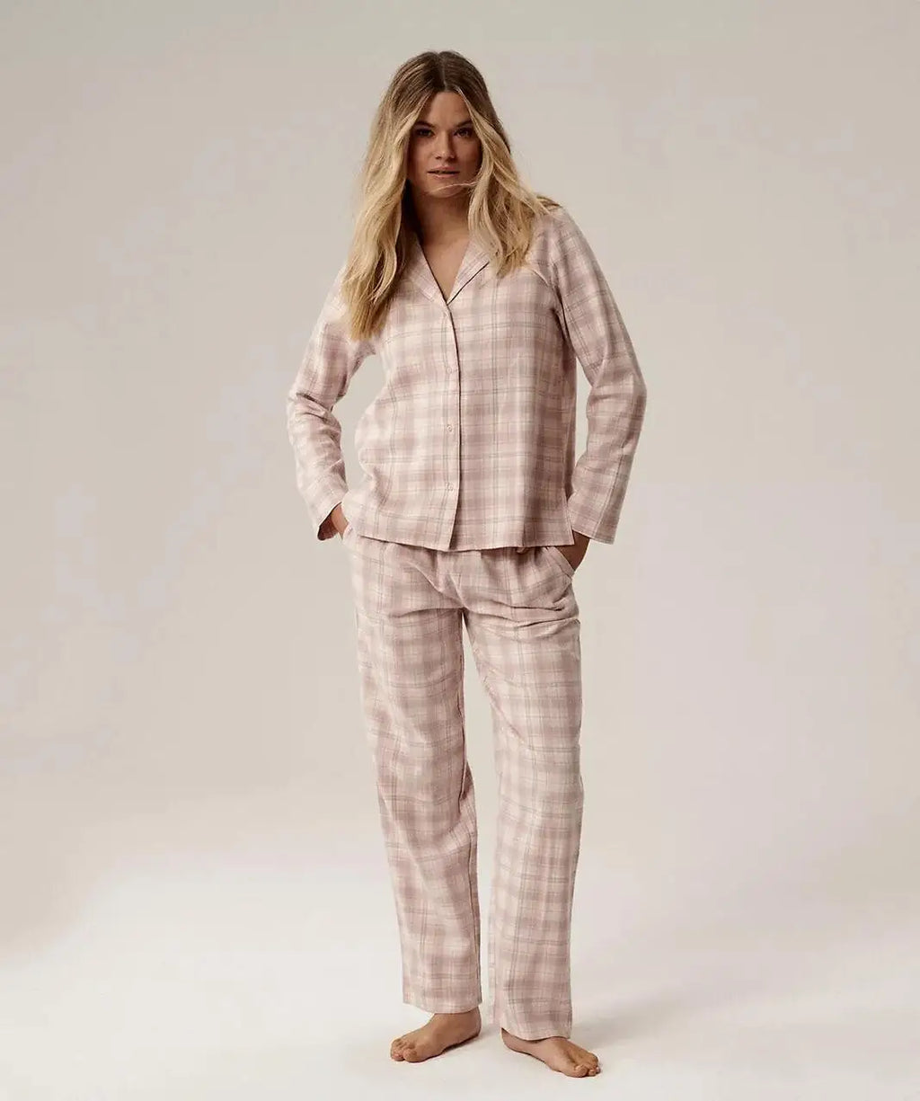 Pigiama lungo da donna in flanella di cotone a quadri