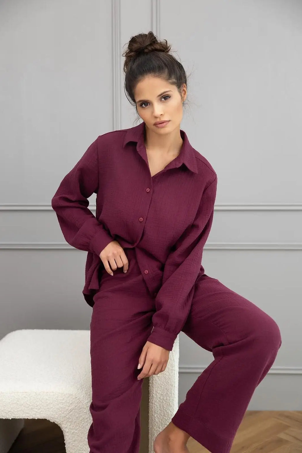 Pigiama lungo da donna in mussola di cotone - colette