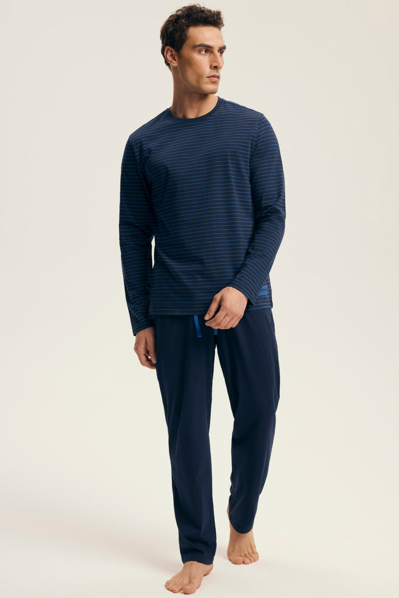 Pigiama uomo in cotone a righe con pantalone nero | new