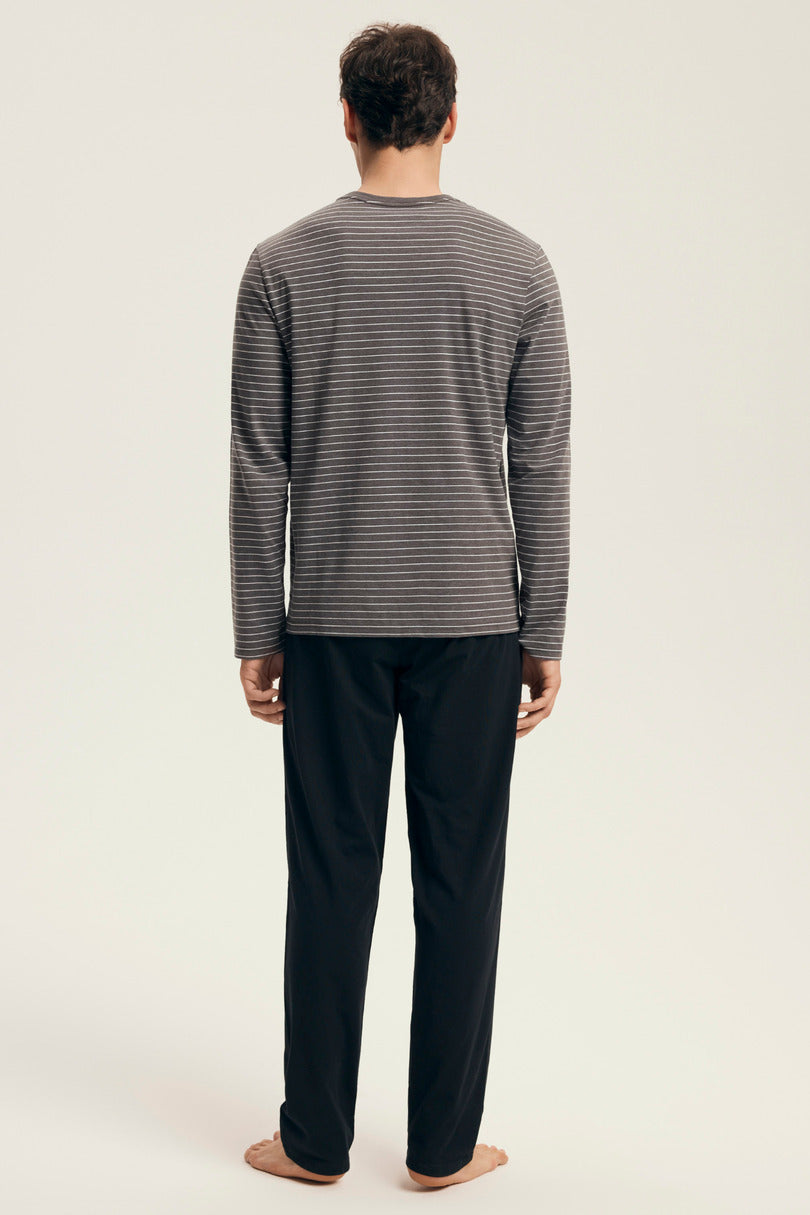 Pigiama uomo in cotone a righe con pantalone nero | new