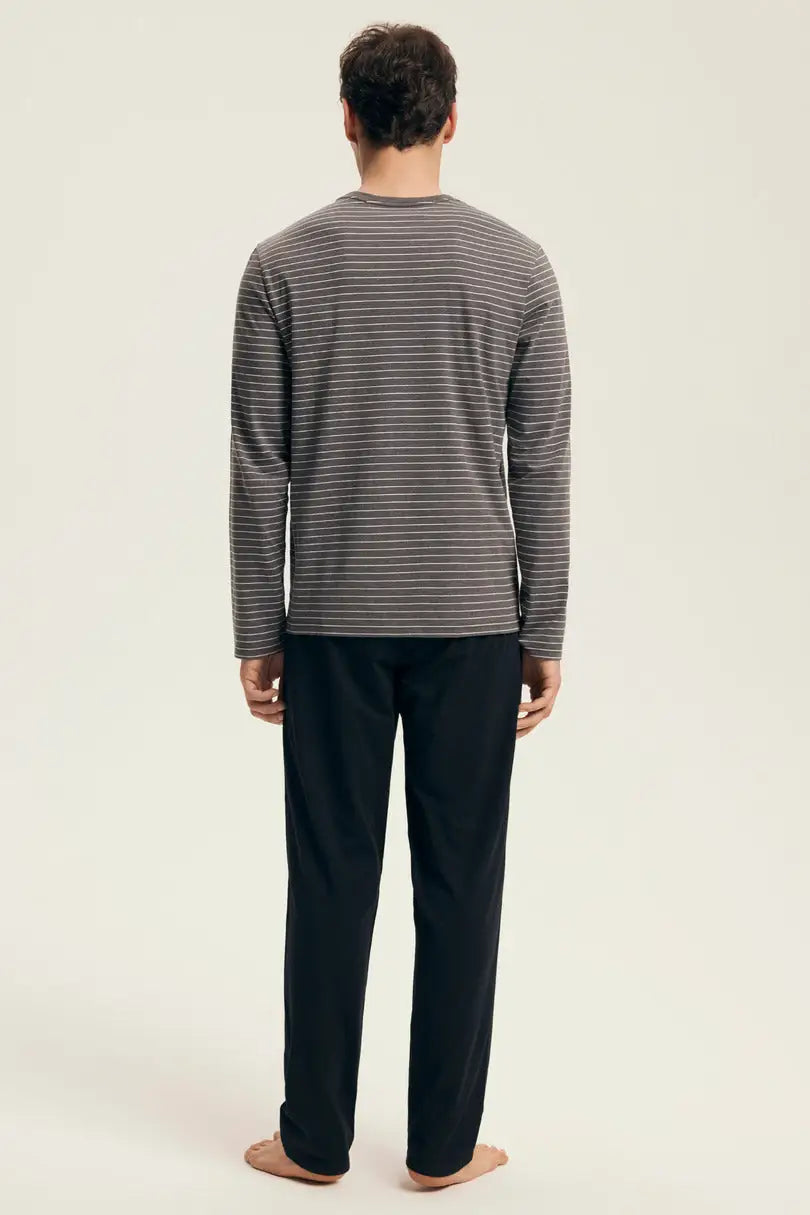 Pigiama uomo in cotone a righe con pantalone nero | new